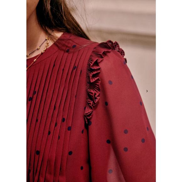 Sezane Dress Womens 34 2 Eve Mini Short Plum Navy Dots Pleated Ruffle Lined - Picture 3 of 14